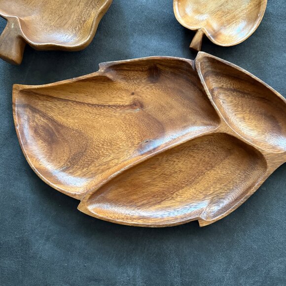 Monkey Pod Wood Leaf-Shaped Serving Tray Set Of 3 - Picture 2 of 8